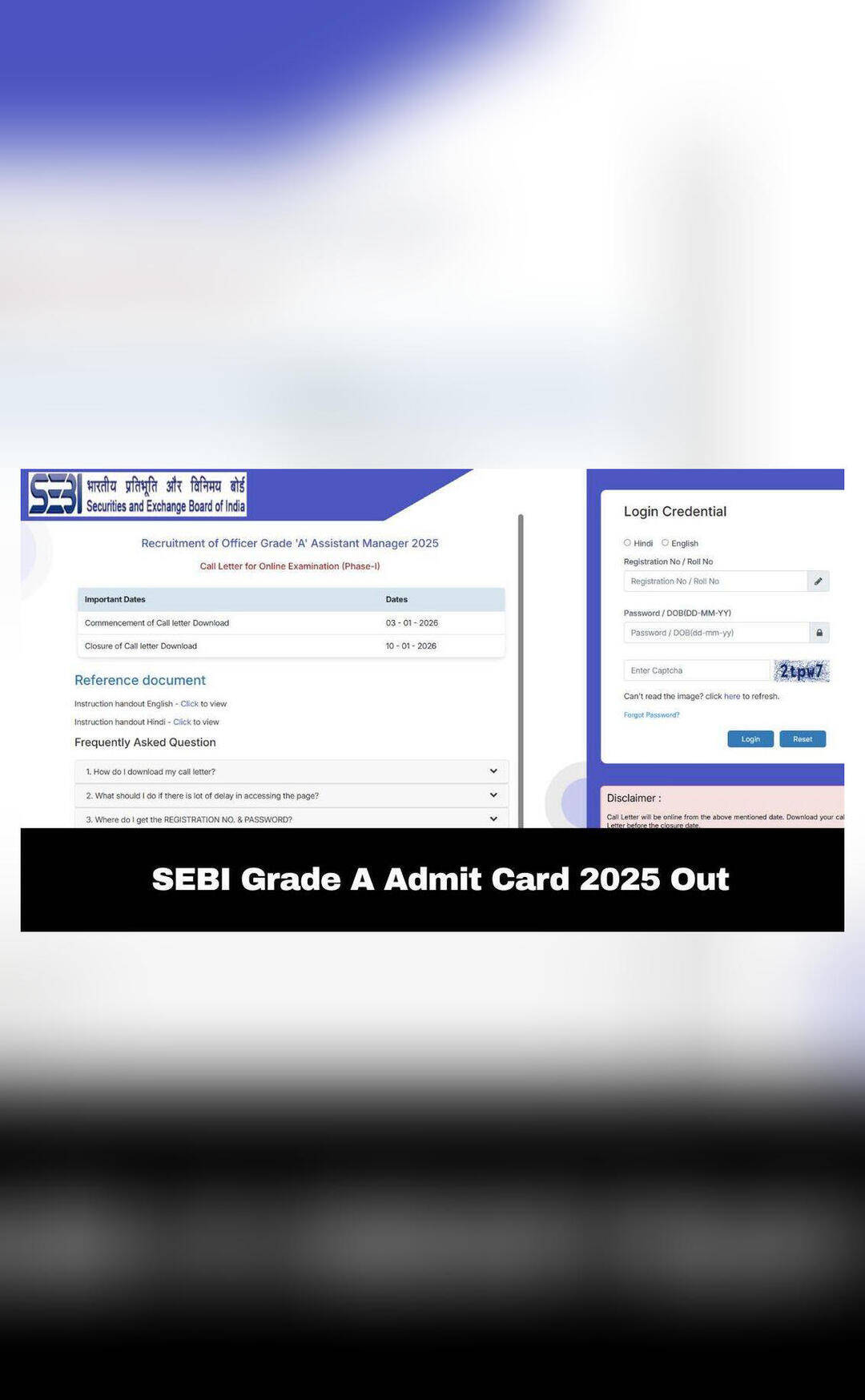SEBI grade A admit card 2025 released; phase I exam on Jan 10