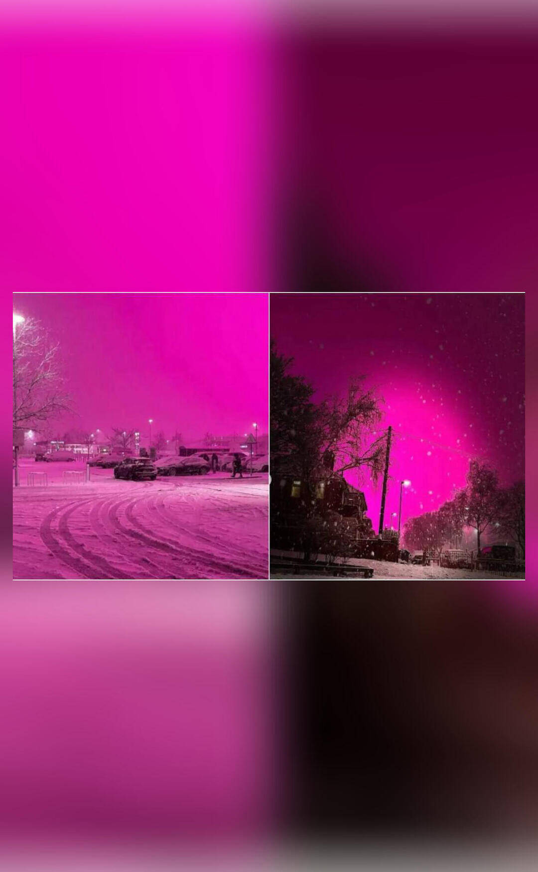 Sky turns pink in UK's Birmingham as snow reflects stadium lights