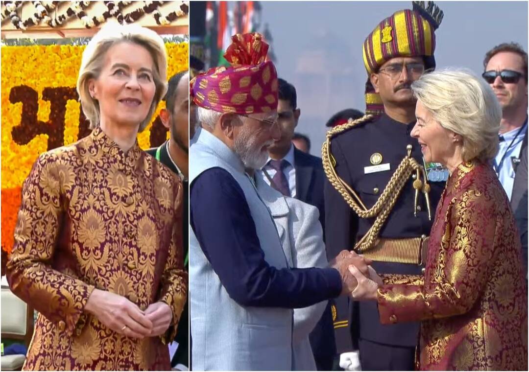 European Commission chief Ursula wears maroon-gold brocade bandhgala jacket at R-Day