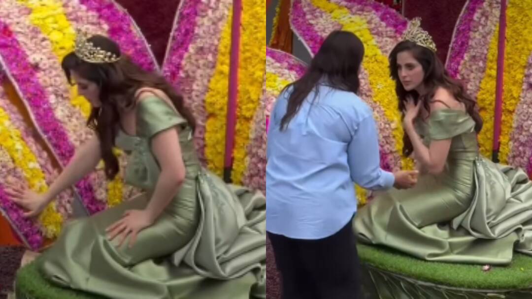 Miss Universe Fátima Bosch falls on stage during a parade festival