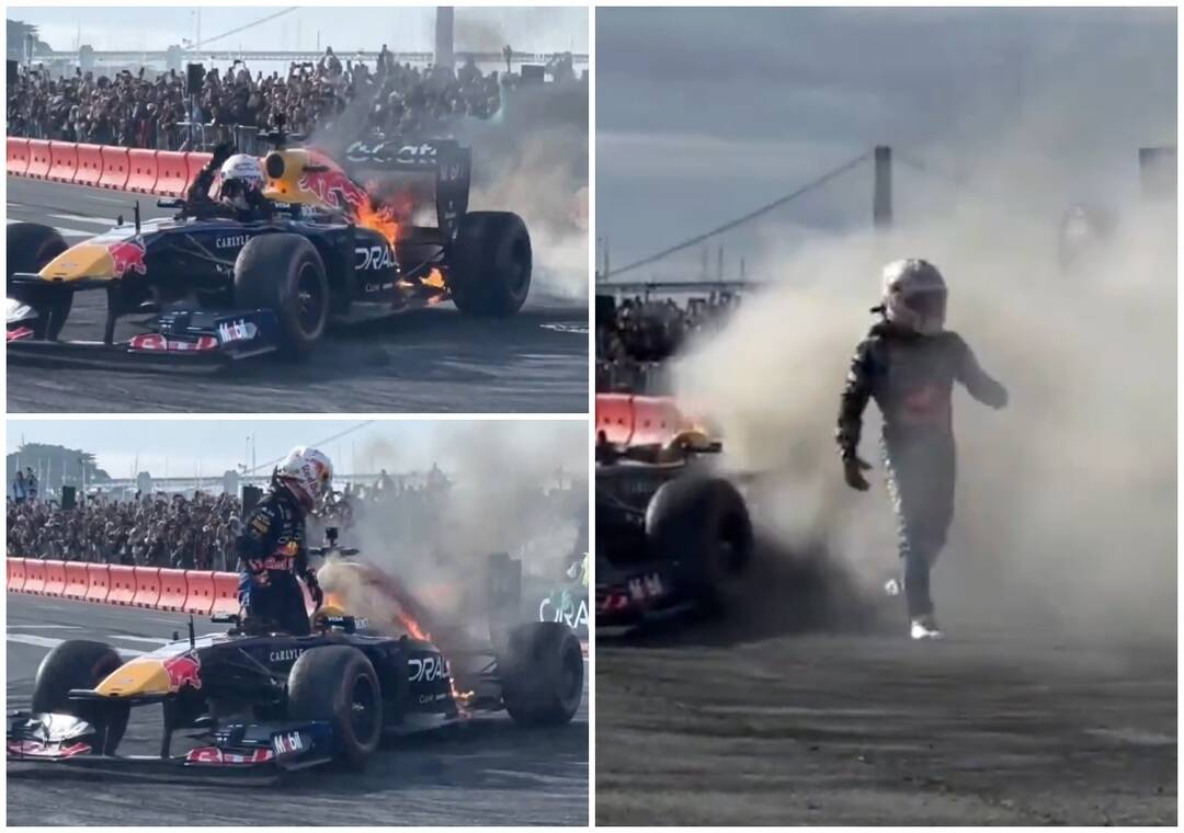 Yuki Tsunoda's Red Bull F1 car catches fire at fan event