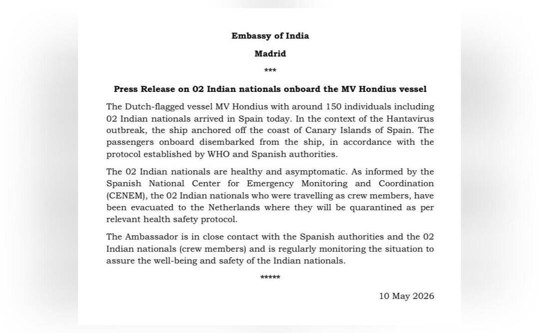India releases statement on 2 Indians on ship hit by hantavirus outbreak