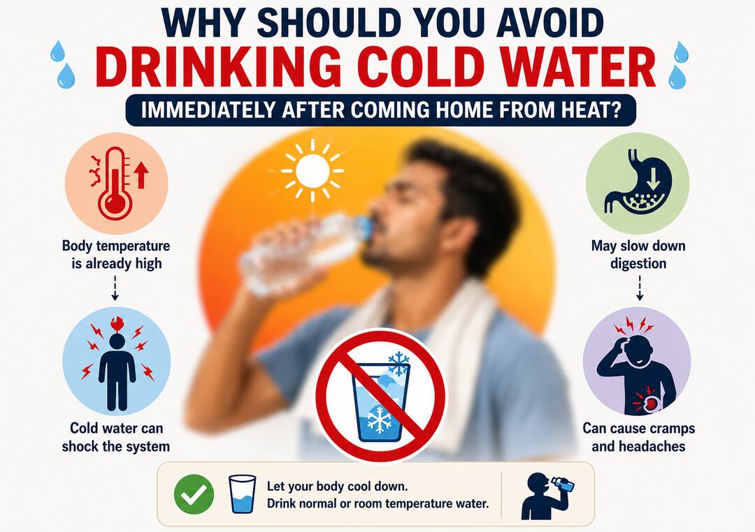 Why should you avoid drinking cold water immediately after coming home from heat?