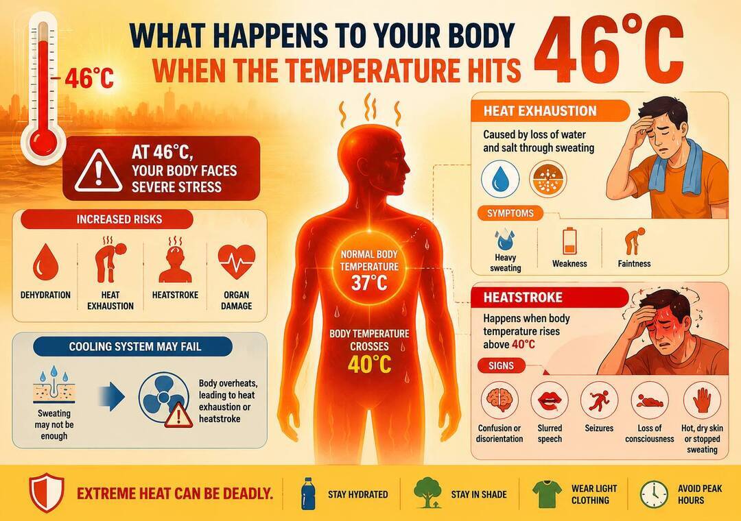 What happens to your body when the temperature hits 46°C?