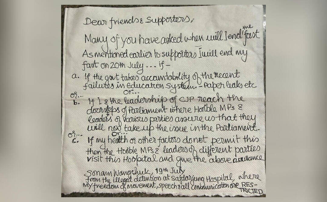 Sonam Wangchuk releases note stating when he will end his fast