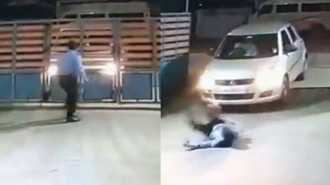 CCTV shows guards' dramatic escape as car hits Bengaluru gate