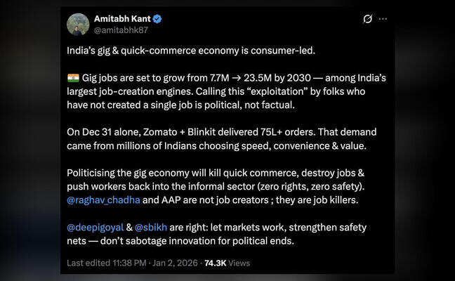 Ex-NITI Aayog CEO backs Zomato CEO amid 'gig workers' row, calls Raghav Chadha 'job killer'