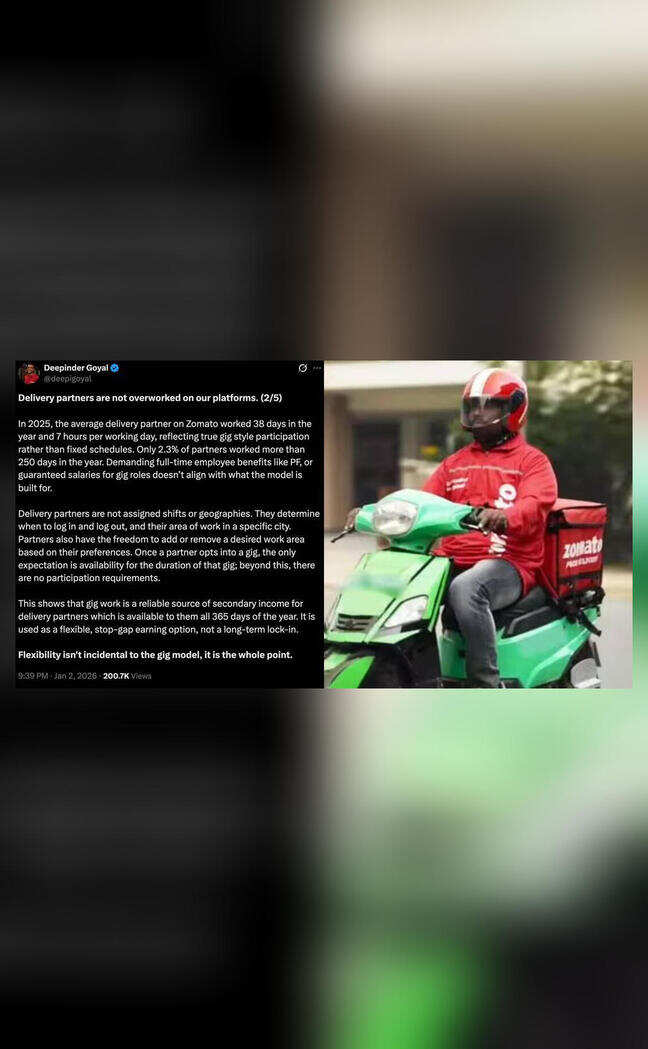 Delivery partners not overworked, avg delivery partner worked 38 days in 2025: Zomato CEO