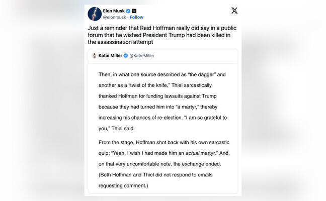 Elon Musk shares 'proof' that LinkedIn Co-founder Hoffman wished to see Trump killed