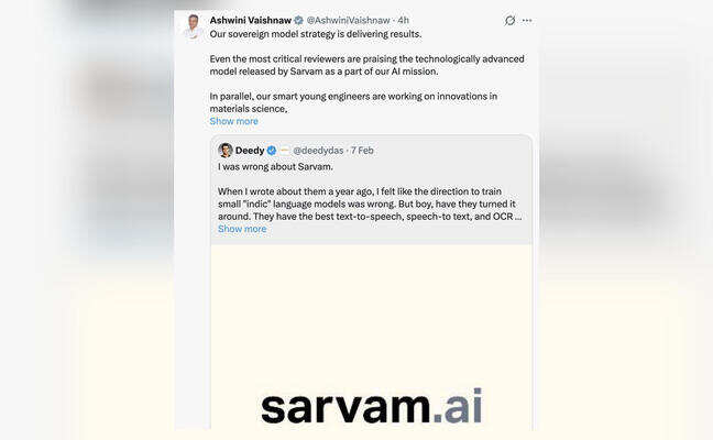 Vaishnaw responds after Silicon Valley critic takes U-turn, praises Indian startup Sarvam AI