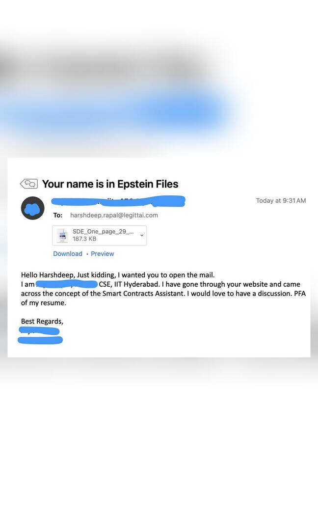 'You're in Epstein files,' reads job email sent by IIT student, CEO says 'Don't do this'