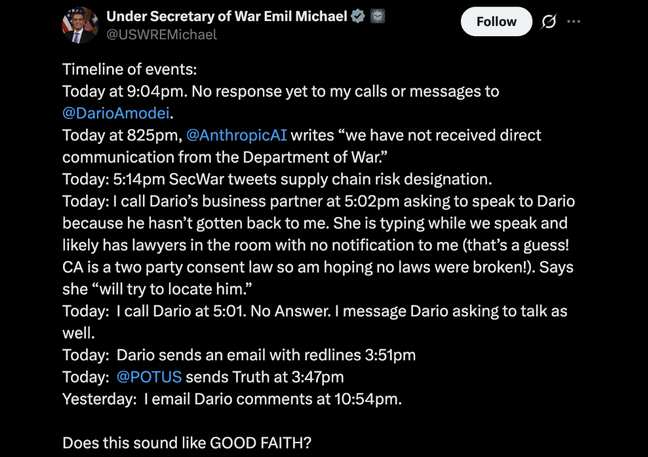 US Dept of War shares timeline of contacting Anthropic over supply chain risk tag