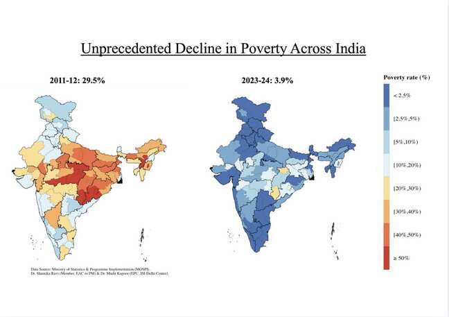 Member of PM's Economic Council shares map comparing India's poverty in 2011-12 & 2023-24