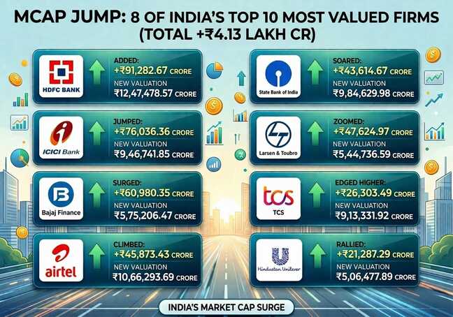 Mcap of 8 of India's top 10 most valued firms jumps ₹4.13 lakh cr
