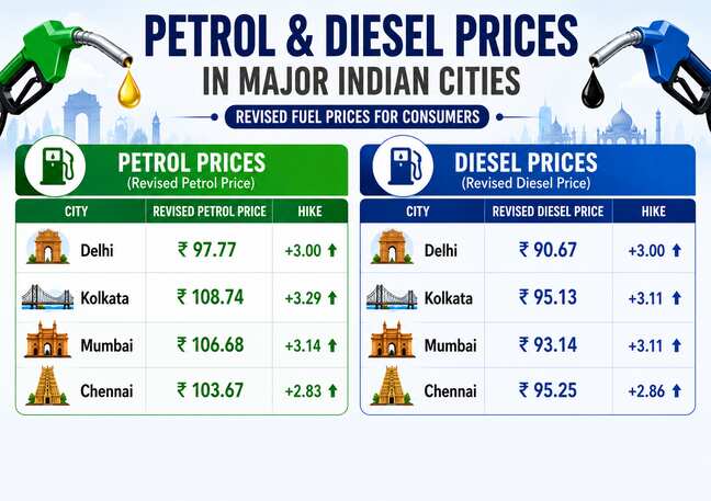 What are the new petrol and diesel prices in major cities after hike?