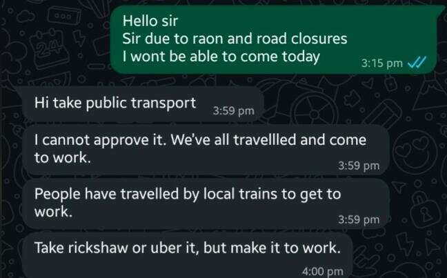 Manager rejects employee's WFH request amid heavy rains in Pune, says 'Take public transport'
