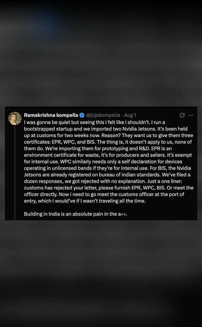 Startup Founder's shipment stuck at Customs cleared after his 'Building in India is pain in a**' post