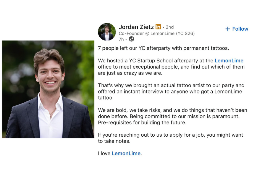 LemonLime Co-Founder offers job interviews to those who get their tattoo, criticised