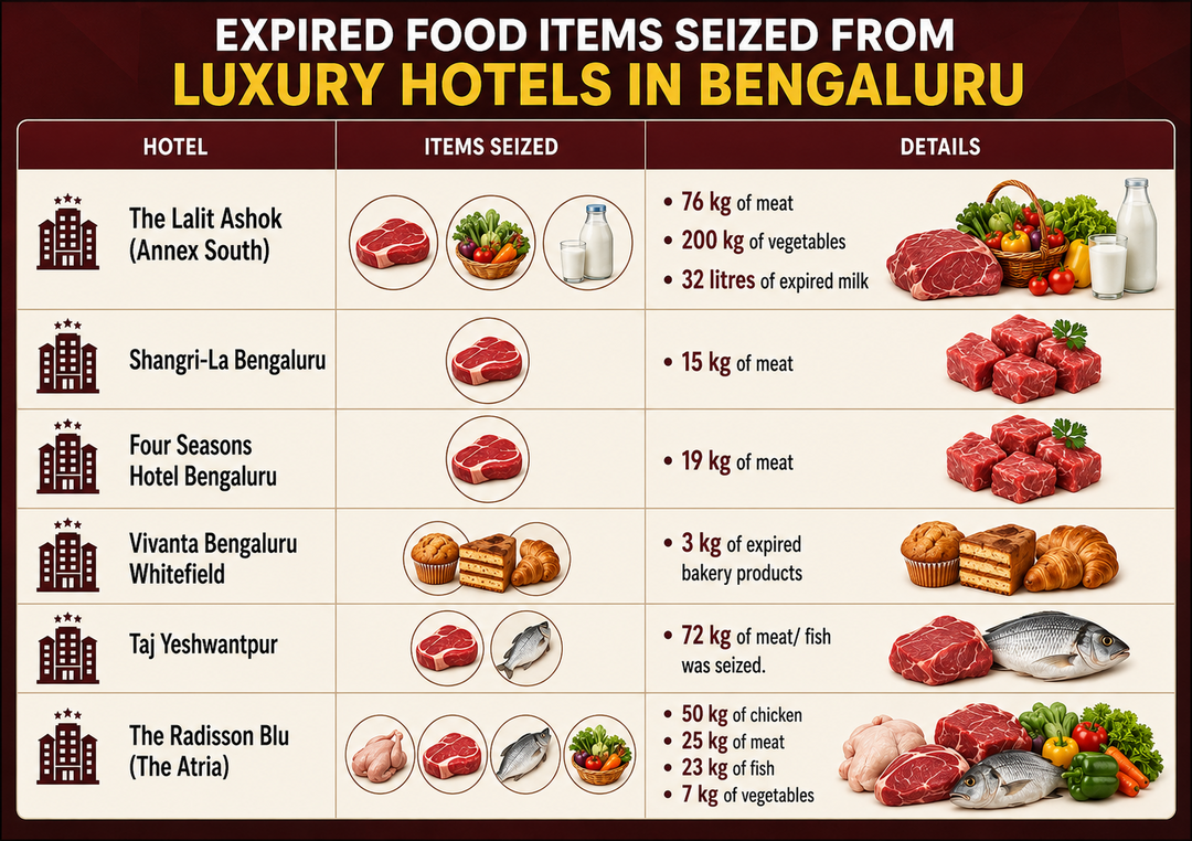 What expired food items were found at The Lalit, Taj & Radisson hotels in Bengaluru?