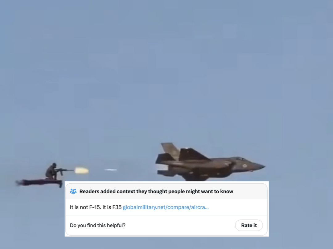 AI video shows Iranian on flying carpet shooting US' F-15 jet, X only factchecks 'It's F-35'