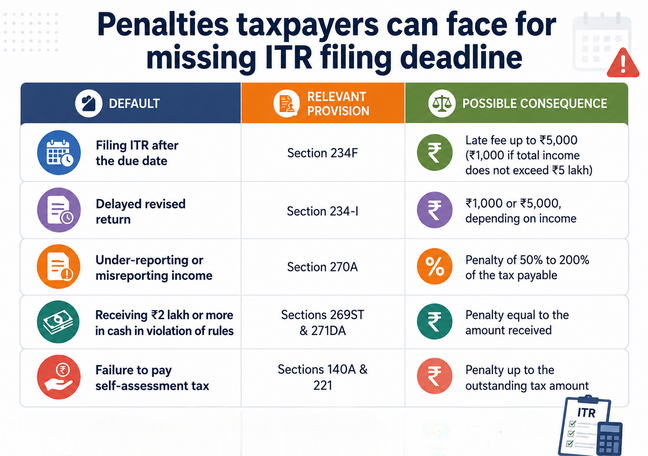 What penalties can taxpayers face for missing ITR filing deadline?